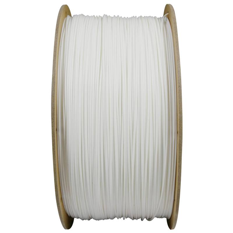 A large reel of white plastic filament, likely for 3D printing, against a neutral background.