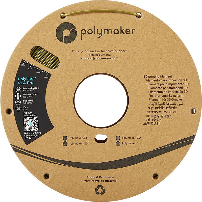 Roll of Polymaker 3D printing filament. Print shows Polymaker logo, QR code and technical details. Packaging made from recycled material.