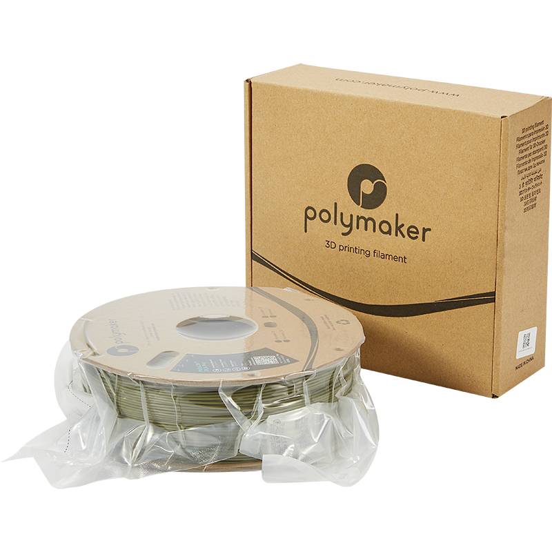 A reel of Polymaker 3D printer filament lies in front of a brown packaging box.