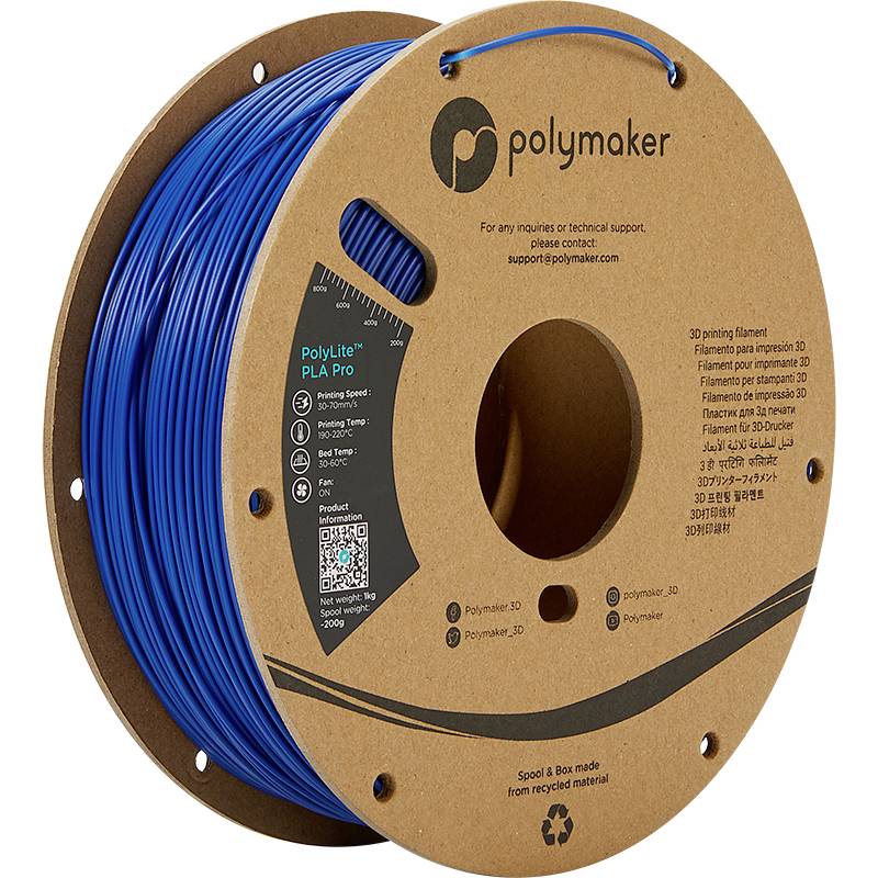Large spool of blue 3D printer filament by the Polymaker brand. Label shows material type 'PolyLite PLA Pro' and additional details.