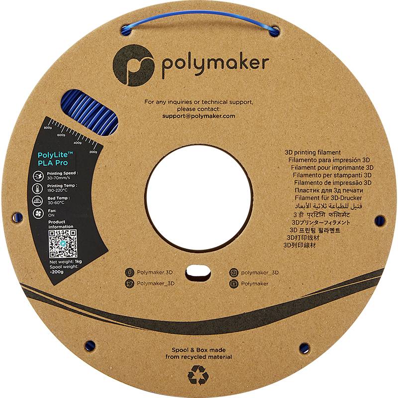 A brown filament spool by Polymaker made from recycled material, for 3D printers, with various languages and contact information.