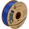 A roll of blue PLA 3D printing filament from the Polymaker brand. The reel is made of cardboard, with product information printed on it.