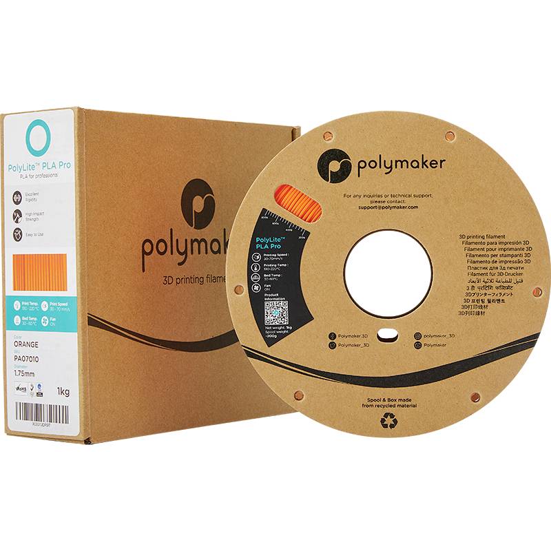 3D printer filament from Polymaker in orange, in cardboard packaging. Brand and filament specifications are visible.