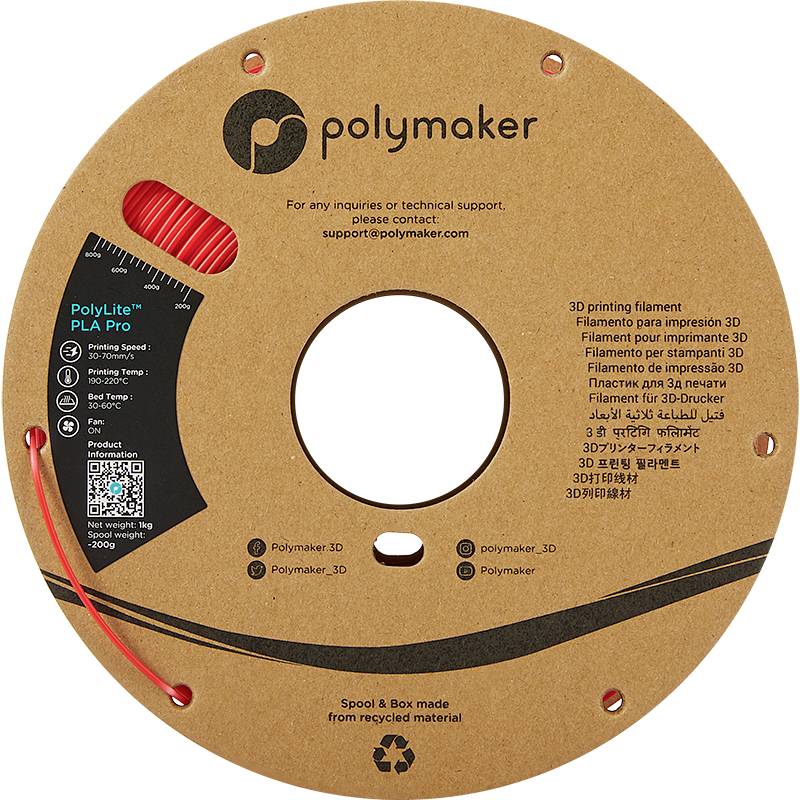 A reel of red PolyLite PLA Pro 3D printing filament from Polymaker. QR code and contact details visible on the spool lid.