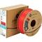 Roll of red 3D printer filament from PolyLite beside brown cardboard packaging, labelled with 'Polymaker', suitable for 3D printers.