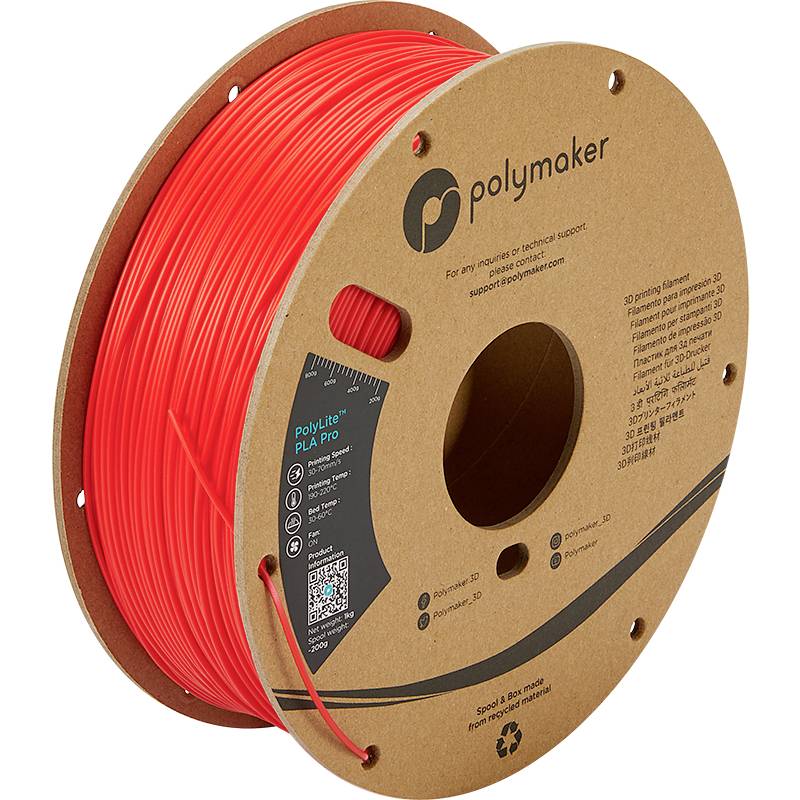 Roll of red PLA Pro 3D printer filament from Polymaker. Suitable for detailed print projects and offers high strength.