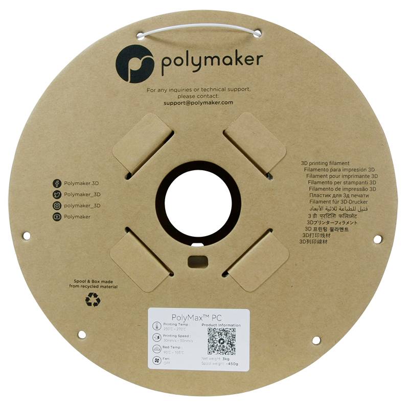 A reel of 3D printer filament by the brand 'Polymaker', model 'PolyMax PC'. Contains technical details and contact information.