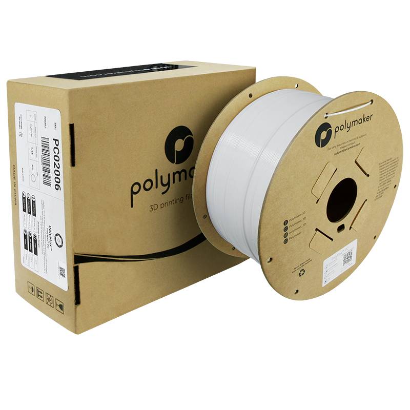 A reel of Polymaker PC 3D printing filament in white next to its corresponding packaging box. Suitable for 3D printing applications.