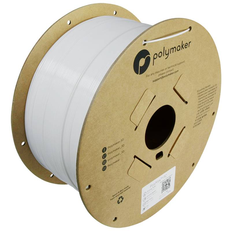 White filament spool by Polymaker for 3D printing, wound on a cardboard spool, with logo and QR code printed on it.