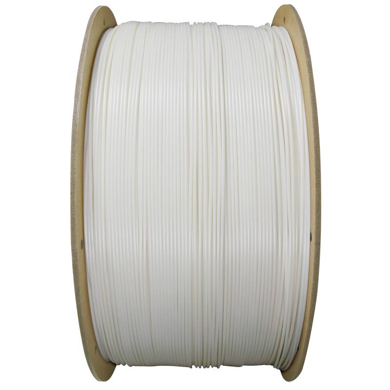 A large reel of white filament for 3D printers, mounted on a wooden spool, photographed vertically.