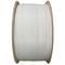 A large reel of white filament for 3D printers, mounted on a wooden spool, photographed vertically.