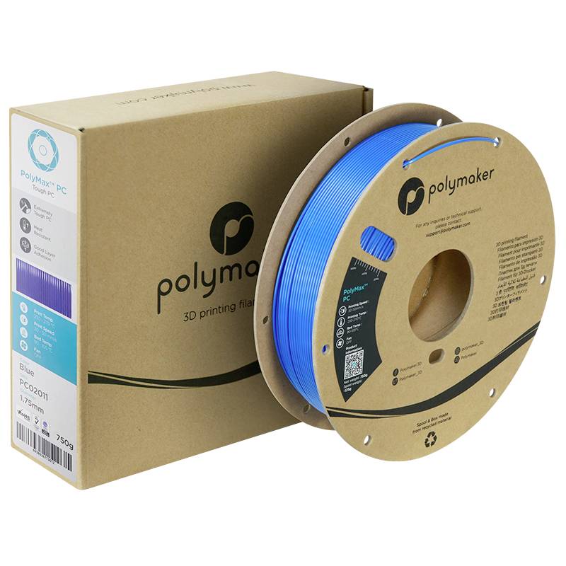 A reel of blue 3D printer filament from Polymaker, with the Polymaker logo packaging placed beside it.