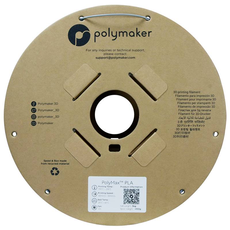 A spool of 'PolyMax PLA' filament by Polymaker. Contains details of technical support and a QR code for further information.
