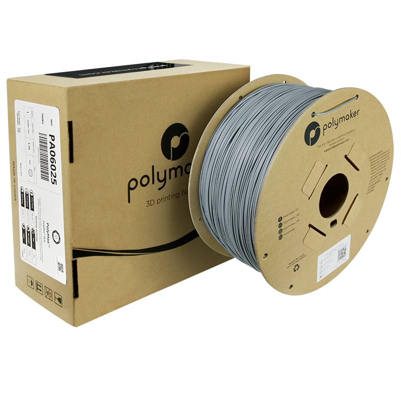A reel of grey 3D printing filament from Polymaker with packaging.