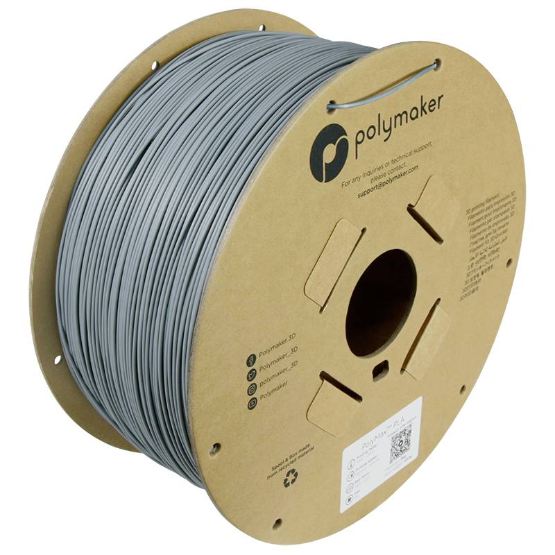 Roll of grey 3D printer filament by Polymaker, wound on a cardboard spool with brand logo and technical information.