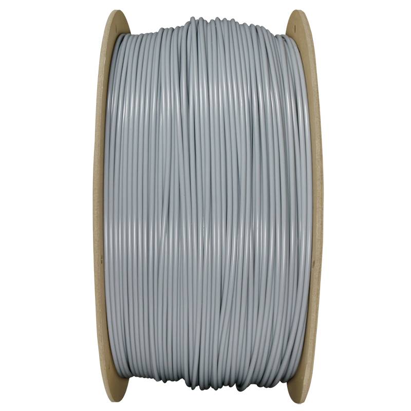 A large reel of grey cable, wound around a circular wooden frame.