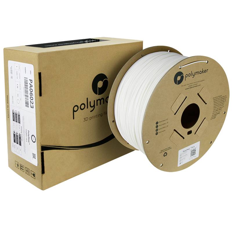 A roll of white 3D printing filament from Polymaker, beside a brown packaging.