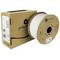 A roll of white 3D printing filament from Polymaker, beside a brown packaging.