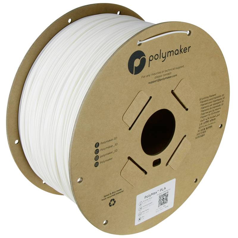 A reel of white PLA filament from Polymaker, suitable for 3D printing, with label and QR code on the packaging.