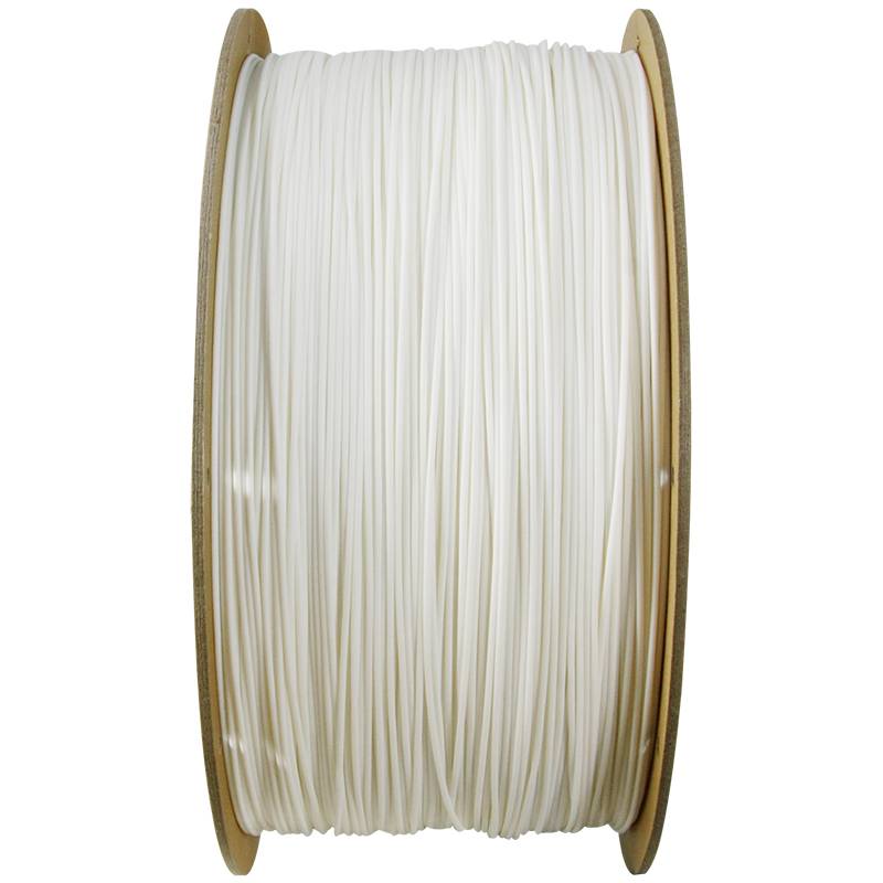A large reel of white 3D printer filament, wound on a wooden spool, shows a smooth, dense winding of plastic material.