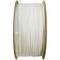 A large reel of white 3D printer filament, wound on a wooden spool, shows a smooth, dense winding of plastic material.