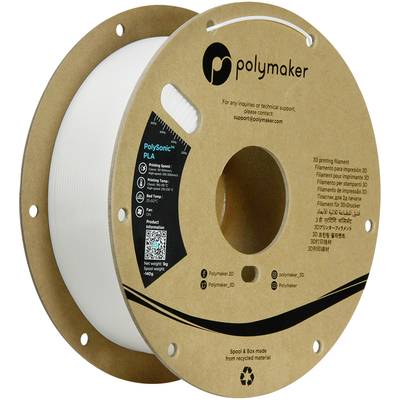 A reel of white 3D printer filament from Polymaker. It displays the logo and contact information for support.