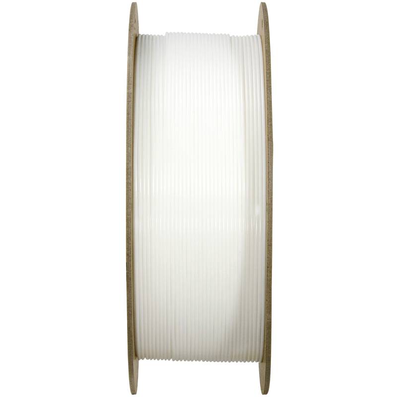White filament spool for 3D printer, made from recyclable materials, pictured from the side, ready for use.
