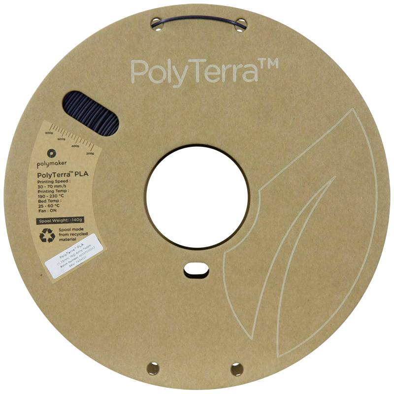 A circular filament spool made from recycled cardboard with the 'PolyTerra™' print. Includes details about the weight and material of the filament.