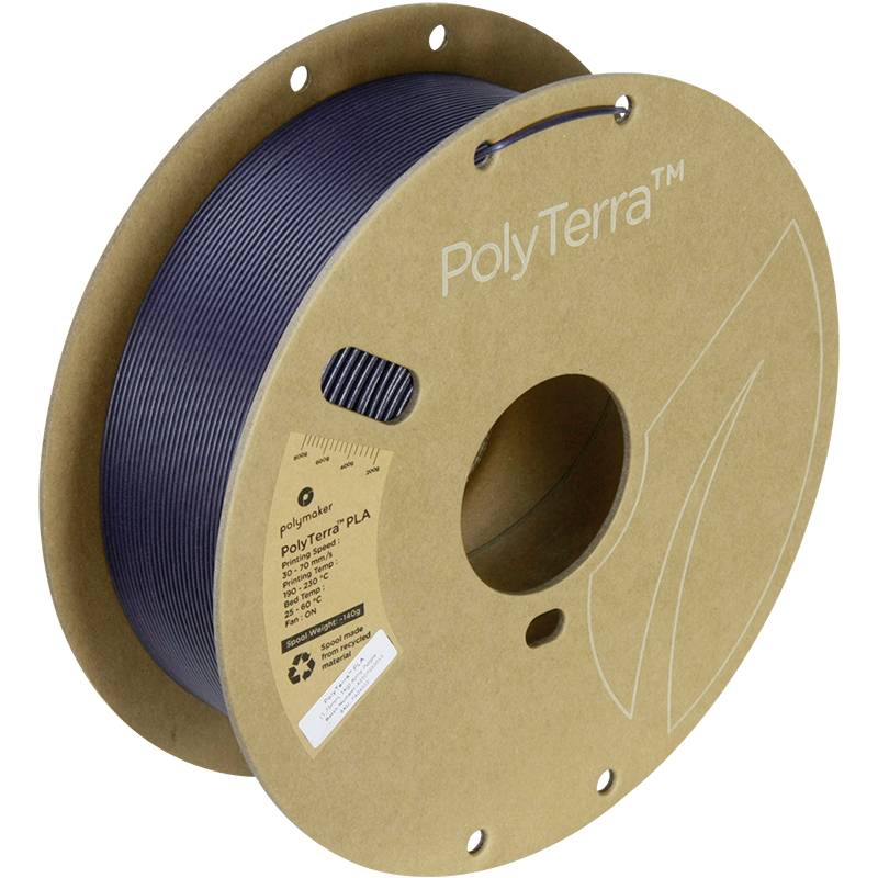 Spool of blue 3D printer filament. Packaging labelled 'PolyTerra PLA'. Environmentally friendly material for 3D printing.