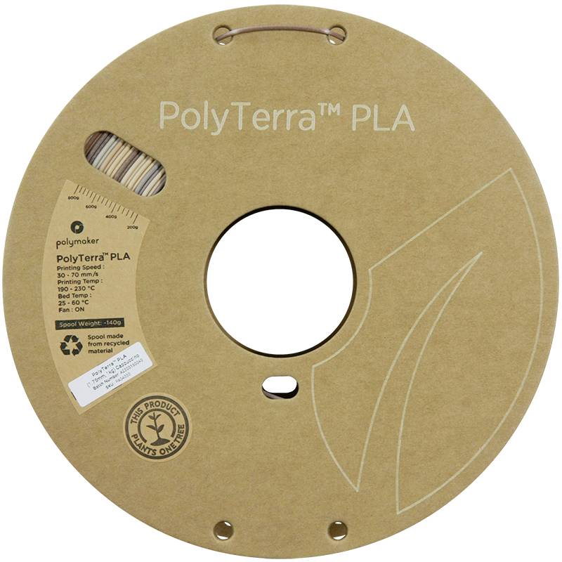 A reel of PolyTerra PLA filament with a cardboard packaging, showcasing recyclable materials, 1.75 mm diameter and 1 kg weight.