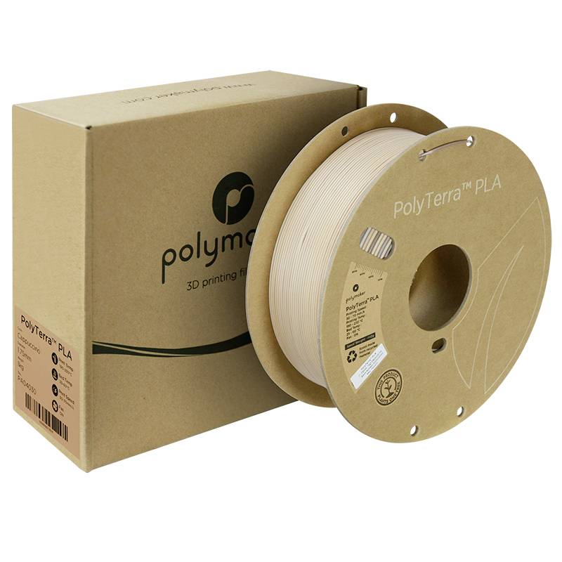 A pack of Polymaker PolyTerra PLA 3D printing material, beige colour. Contains a reel of eco-friendly PLA filament.