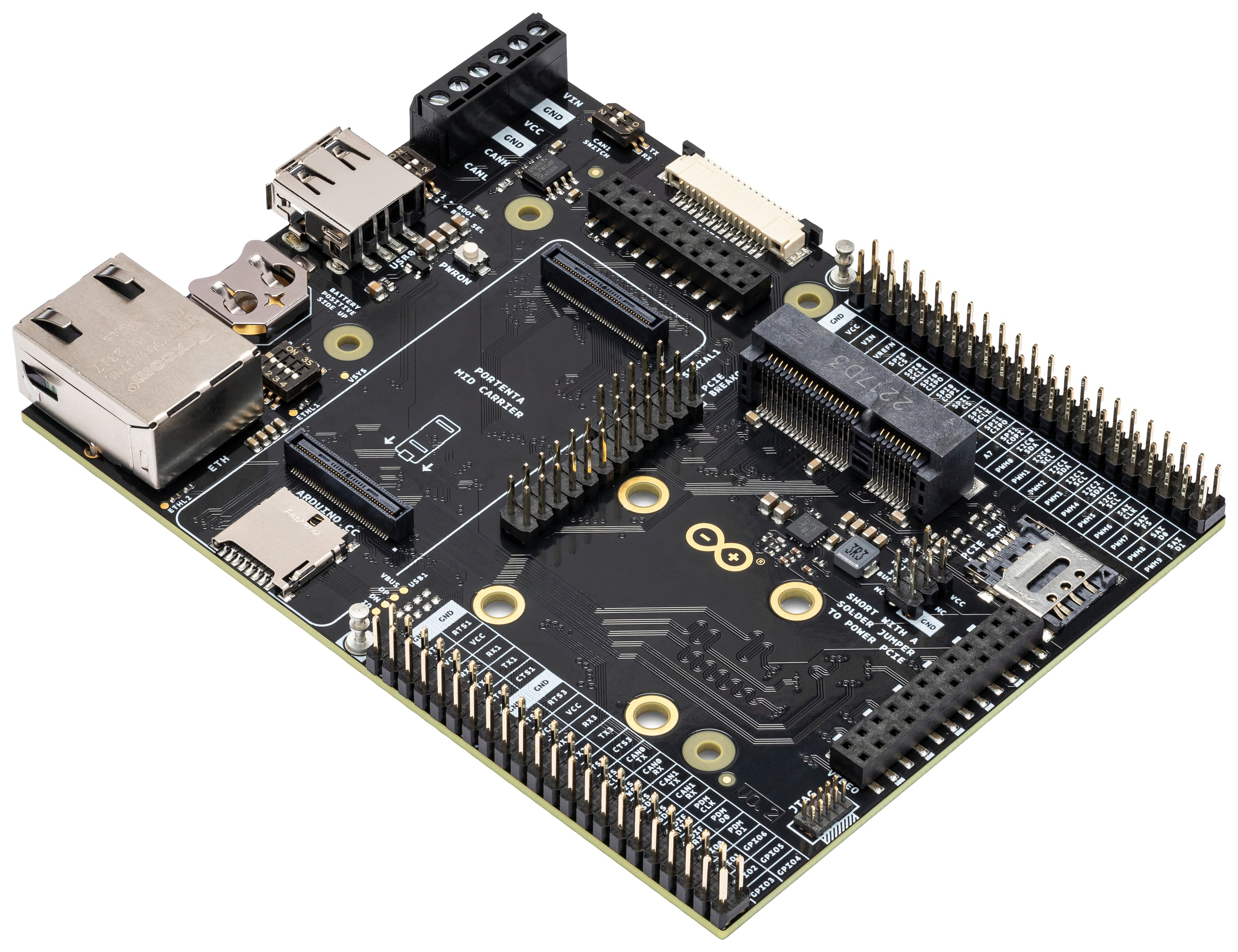 Arduino development board with various ports and components for hardware development and prototyping.