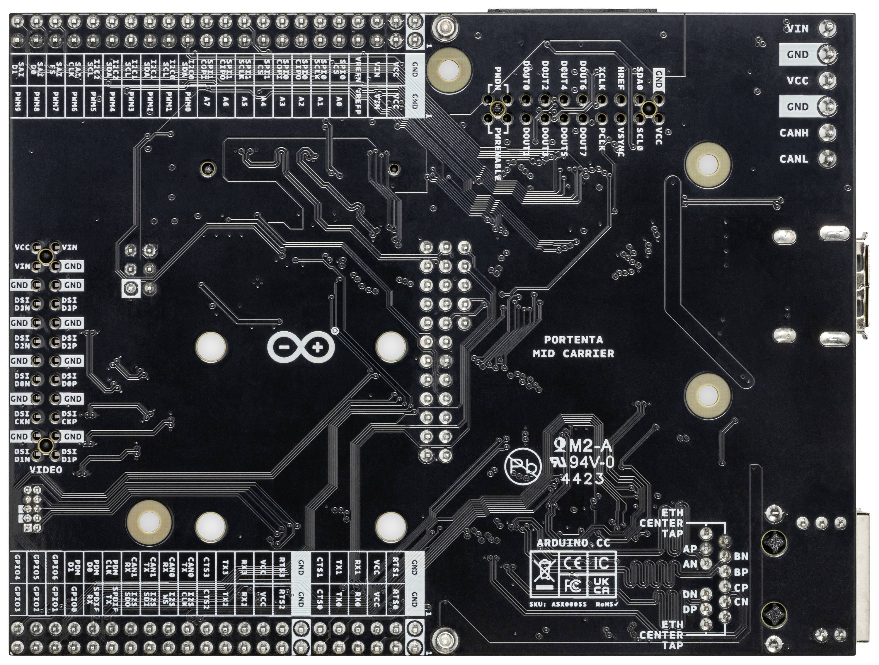Back of an electronic circuit board with various connectors, circuit traces, and marked areas for component mounting.
