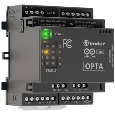 A grey electrical device with multiple ports. It bears the logos 'Finder', 'Arduino', 'OPTA' and displays status indicator lights.