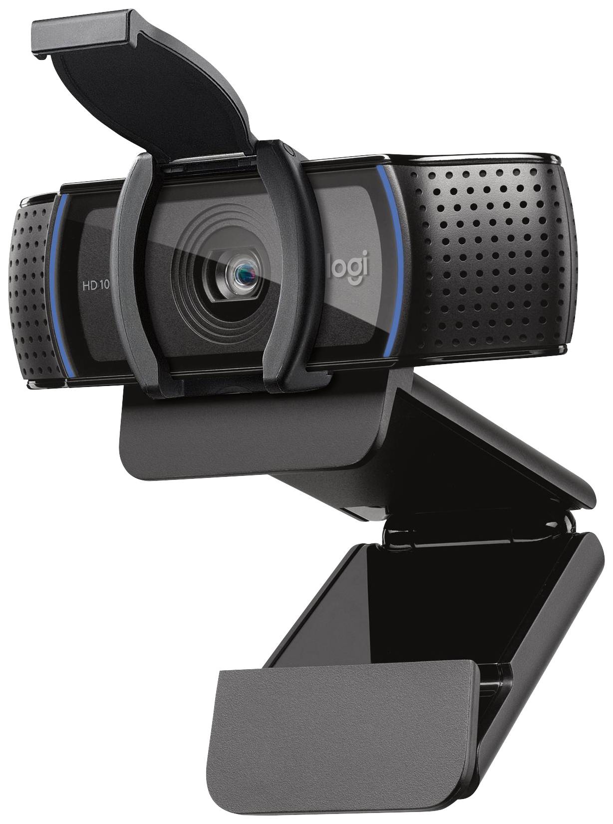 Black webcam with mount in open position, suitable for video conferencing or streaming.