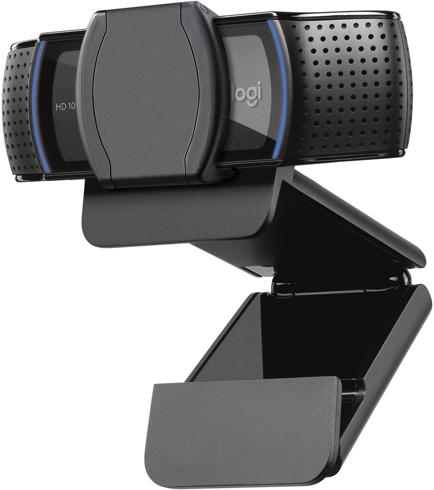 A black webcam with a foldable stand, a microphone visible on the side, and a lens in the centre.