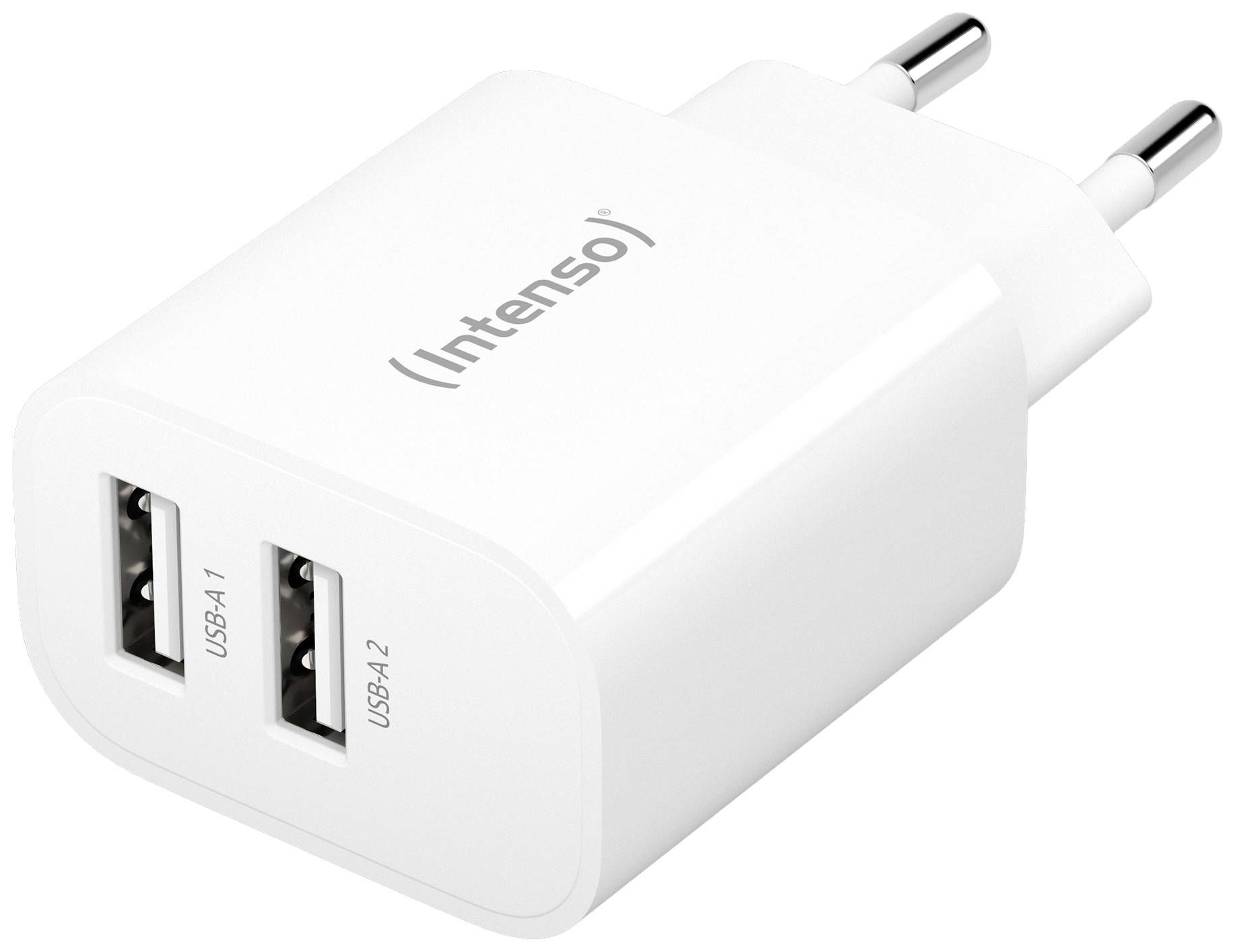 A white USB charger with two USB ports and European plug design.