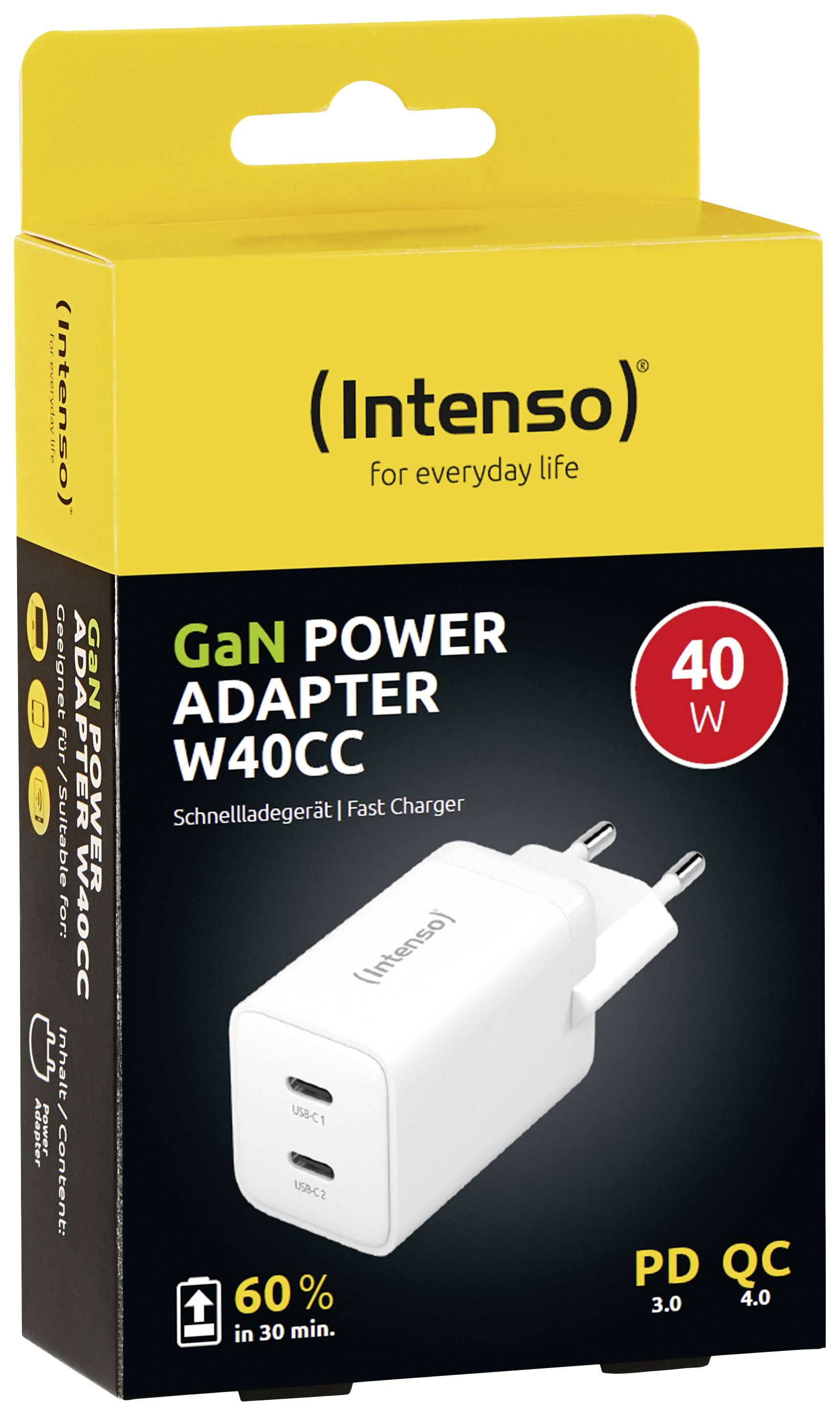 Intenso W40CC GaN Charger, 40W, 60% Charge in 30 Minutes, Dual USB-C, PD 3.0, QC 4.0, Packaging in Yellow and Black.