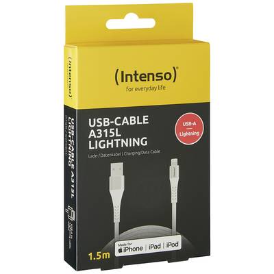 'USB Cable A315L Lightning' by Intenso in yellow packaging. Compatible with iPhone, iPad, iPod. Length 1.5 m. USB-A to Lightning.
