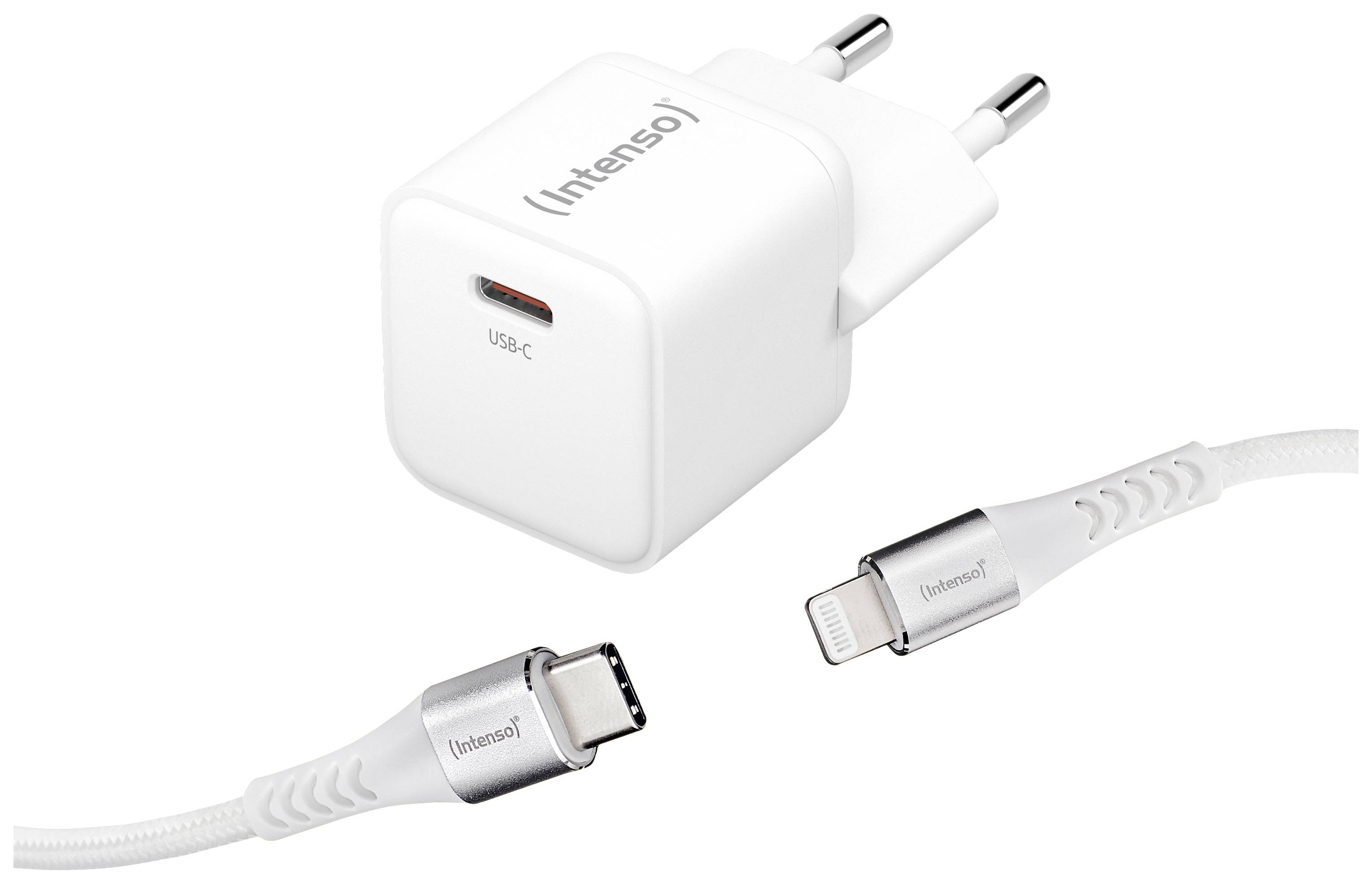 Power adapter with USB-C port and two cables, one with USB-C and one with Lightning connector. Suitable for various devices.