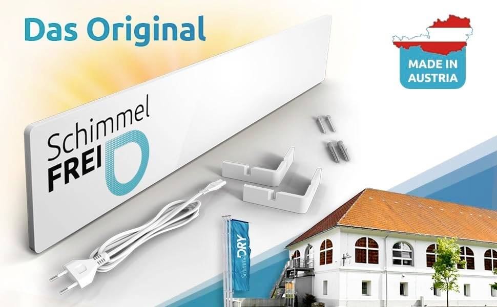 'The Original' in the top left; 'Mould-Free' product with accessories such as cables and mounting brackets; house photo at the bottom right; map of Austria with 'Made in Austria' in the top right.