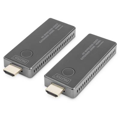 Two wireless HDMI adapters by Digitus for wireless transmission of 4K video. Both adapters have HDMI ports and a sleek, black design.