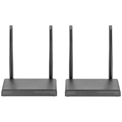 Two black 4K wireless HDMI KVM extenders, each with two aerials, are positioned side by side.