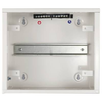 An open, empty fuse box with multi-coloured markings and a metal bar.