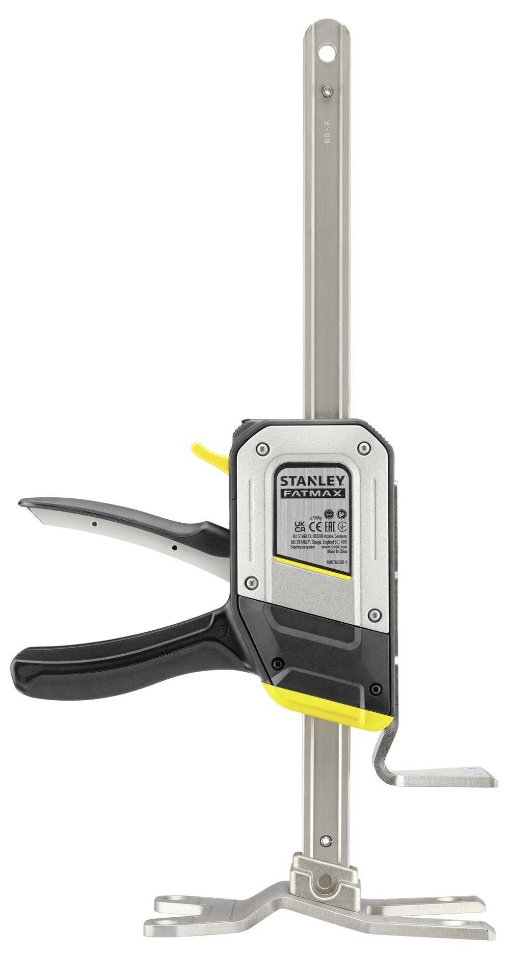 A silver and black one-handed G-clamp by Stanley with yellow accents. It is used for securing workpieces.