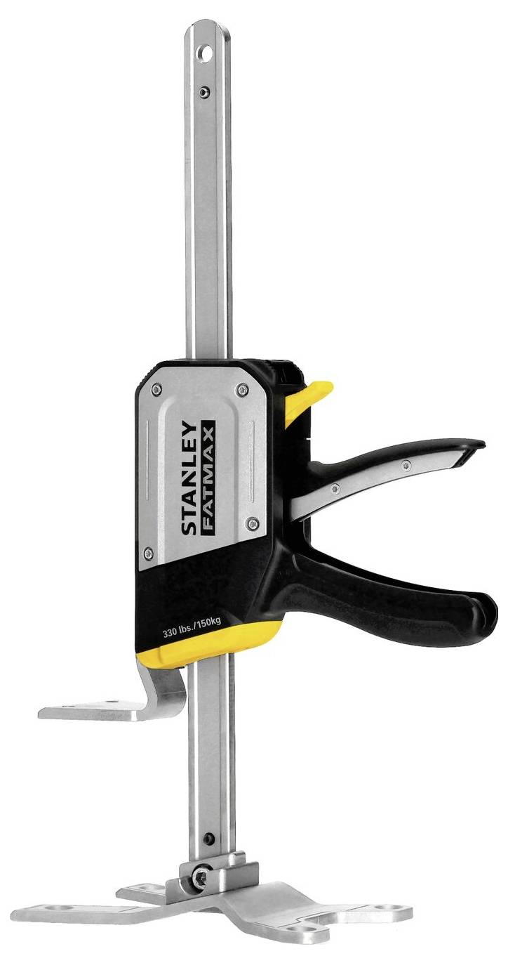A silver and black hand clamp with yellow accents, marked with 'Stanley Fatmax', stands upright on a white surface.