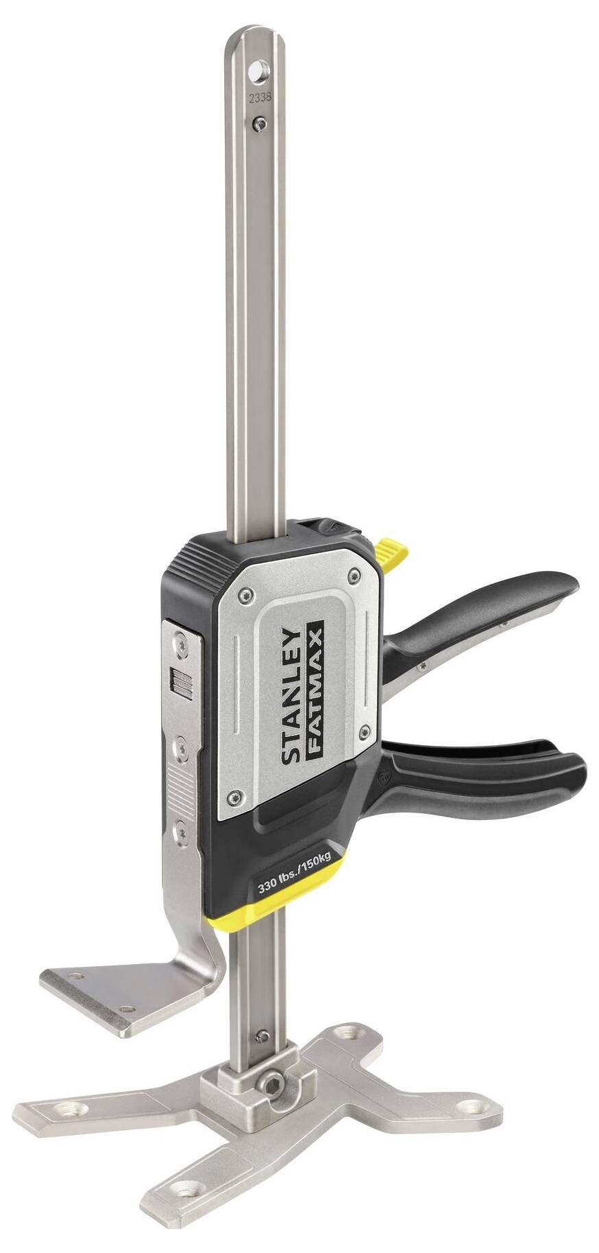 Metal bench vice with long handle and base, Stanley Fatmax branding on the side.