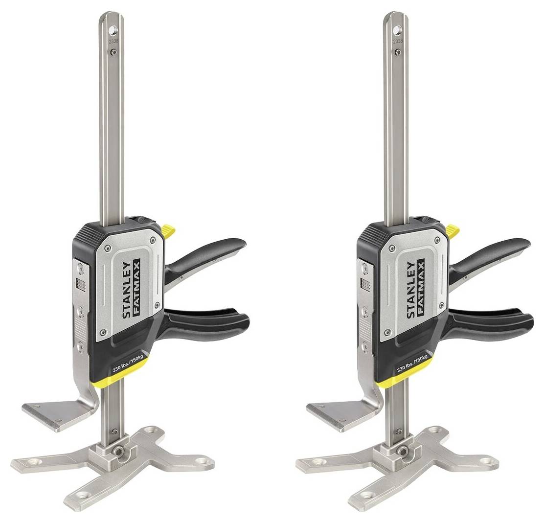 Two silver tools with handles and yellow accents. Both are standing on a round base and have 'Stanley' written on them.