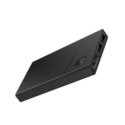 A black power bank with two USB ports and a digital display, shown at a slight angle.