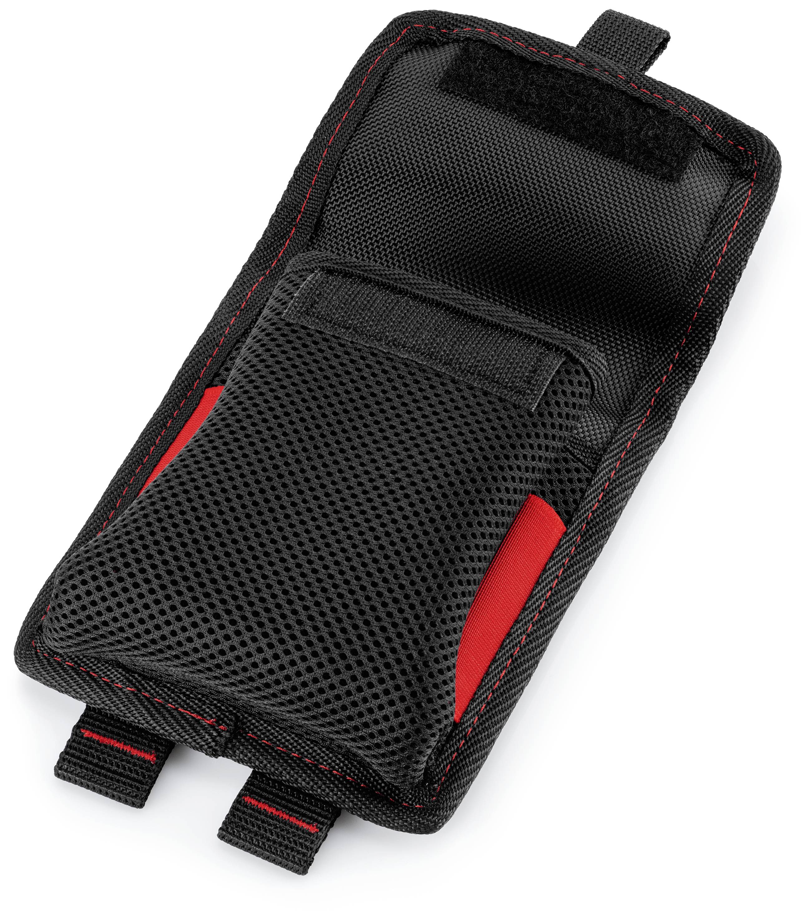 Tool pouch made from black mesh fabric with red accents and a hook and loop fastener.